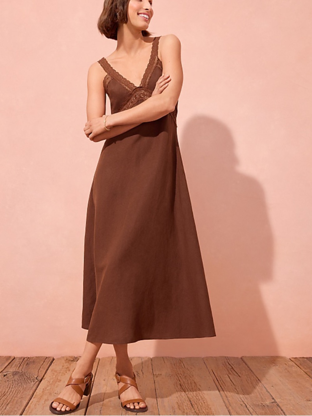 LOFT Linen Blend Lace Trim Chocolate Brown Midi Dress, Size 14, NWT